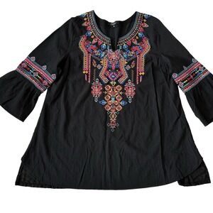 Calessa Embroidered Lagenlook Top Tunic Women XL Rayon Boho Peasant Bell Sleeve